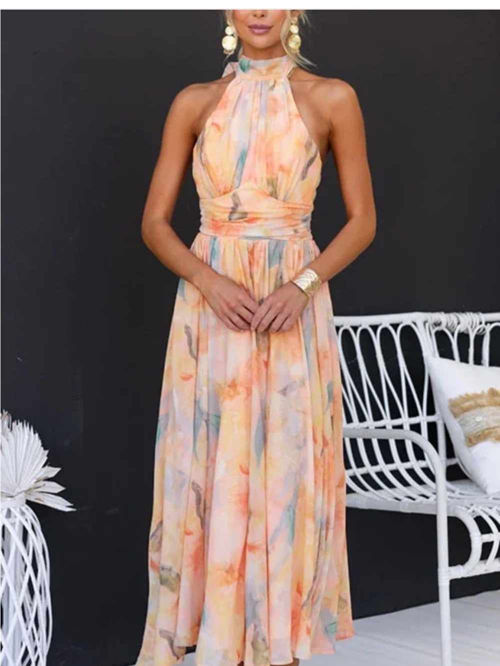Halter-Neck Watercolor Maxi Dress in Peach